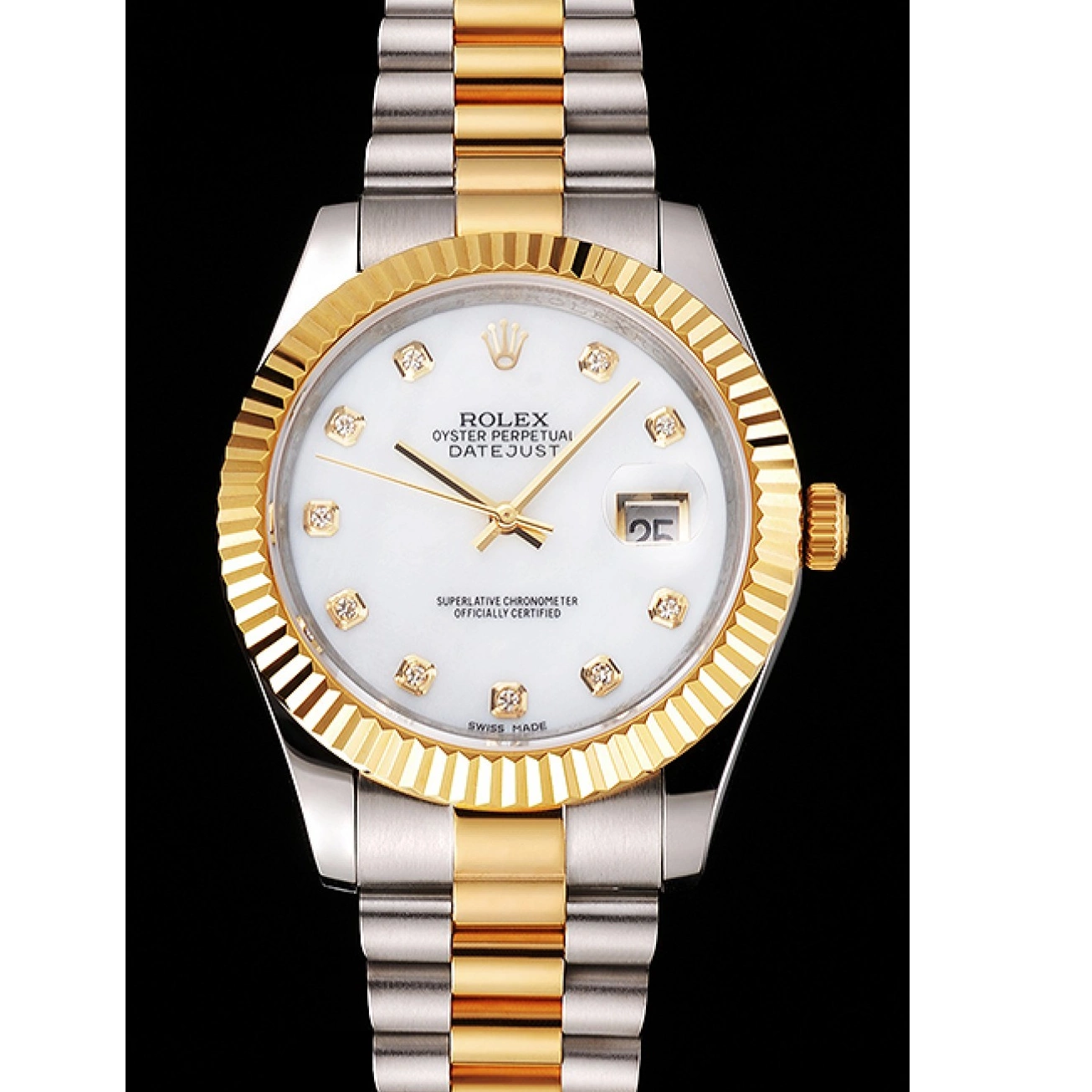 Aaa replica Steel Hour Marks Two Case Gold Bracelet Stainless Tone White Rolex Bezel Swiss Datejust Diamond Dial 0818